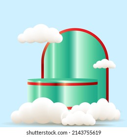 podio verde realista y nube sobre fondo azul. ilustración vectorial