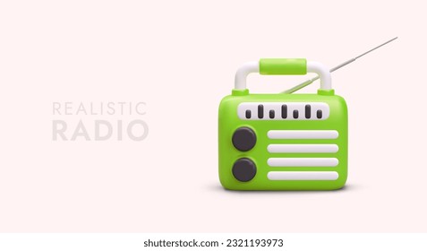 Realistic green radio receiver with long antenna. Portable radio for trips, hikes, picnics. Be in touch with world, learn news, listen to music. Template for radio stations, store