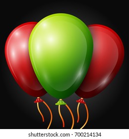 Realistic green, red balloons with ribbons isolated on black background. Vector illustration of shiny colorful glossy balloons
