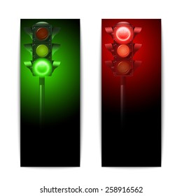 Realistic green and red traffic lights vertical banners set isolated vector illustration