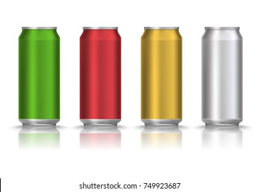 Realistic Green, red, yellow and white beer can or tin with drink isolated on a white background. Vector illustration. Mock up template blank for product packing advertisement.