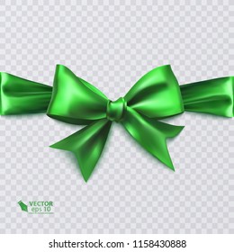 Realistic green ribbon or bow on transparent background. Template poster, for greeting card or brochure. Vector illustration.