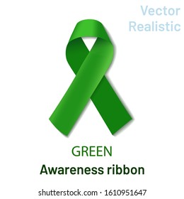 Realistic Green Ribbon Folded In A Loop On A White Background. A Green Crossed Ribbon Is A Symbol Of The Problem: Cerebral Palsy; Lyme Disease; Organ Transplantation And Organ Donation; Kidney Cancer;