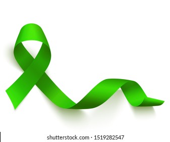 Realistic green ribbon. Medical symbol of Lymphoma, Liver, organ donation or glaucoma awareness month. Vector illustration.