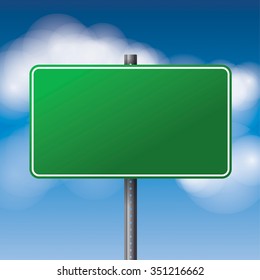 A realistic green road sign over a blue clouded sky illustration. Room for copy. Vector EPS 10 available.