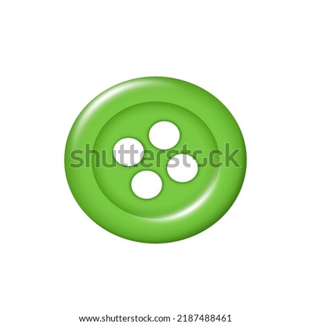 Realistic green sewing button with holes. Clasp clothes accessory plastic element decorative design isolated. Clothing craft handmade needlework tool. Vector illustration