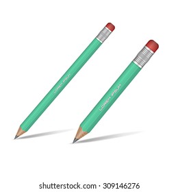 Realistic green sharp pencil isolated on white background. Wooden pencil. Vector illustration.