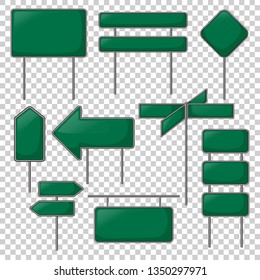 Realistic green sign vector illustrations on transparent background. Street or road sign board. Green billboard clipart with place for text. Metallic billboard mockup collection. Highway sign isolated