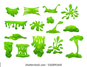 Realistic green slime in the shape of dripping blob splashes smudges. Green goo splat toxic slimy liquid which is dripping, stretching. Radioactive spots and drops vector cartoon illustration