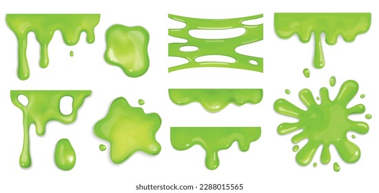 Realistic green slime splatters on white background isolated vector illustration