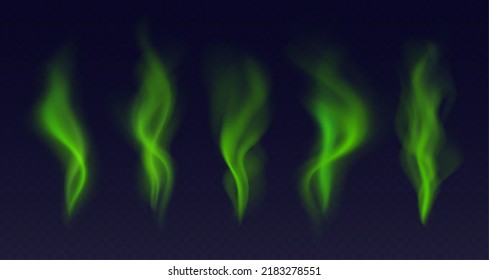 Realistic green smoke, bad smell concept, toxic stinky clouds transparent effect. Green fume isolated on a dark background. Vector illustration.