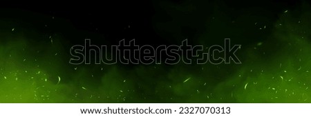 Realistic green smoke with fireflies glowing on black background. Vector illustration of abstract mist with emerald particles sparkling, toxic substance spreading in air, witchcraft spell effect