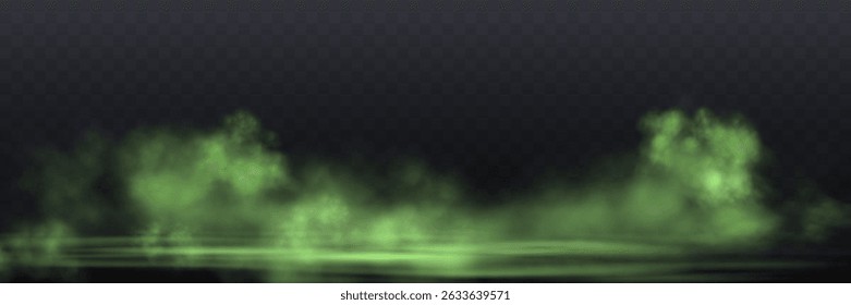 Fumaça ou névoa verde realista, efeito de sobreposição em um fundo transparente. Fogo quente e chama, nevoeiro mágico, vapor no chão. Ilustração vetorial abstrata