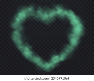 Realistic green smoke heart or haze on a transparent background. Magic fog, vapor. Vector illustration.