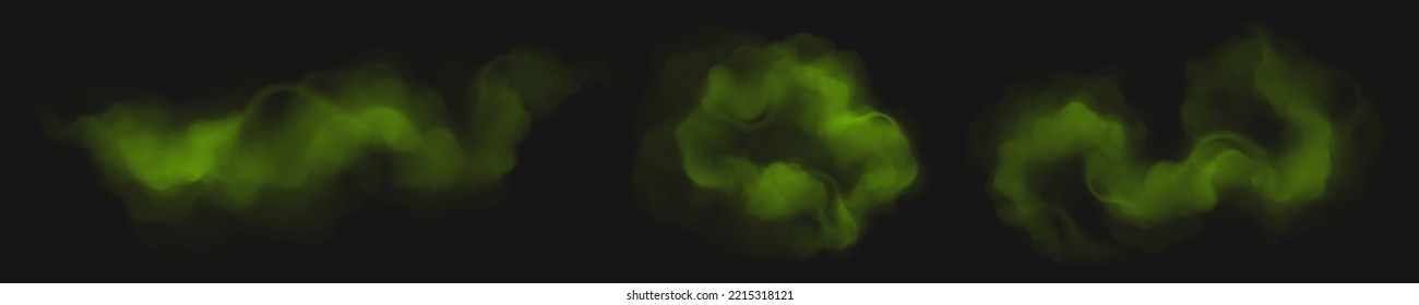 Realistic green smoke, stink, bad smell or poison gas clouds. Chemical toxic vapour, stench breath or sweat odor. Isolated smelly garbage miasma, fume design elements, 3d vector illustration, set