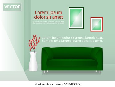 Realistic green sofa with flowers in a pot and painting interior. Modern living room. Template. Vector illustration.