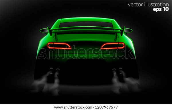 realistic green sport car back view with unlocked\
rear lights in the\
dark
