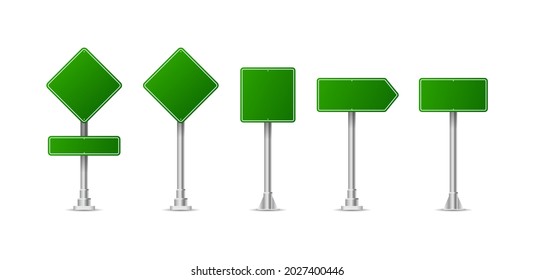 Realistic Green Street And Road Signs. City Illustration Vector. Street Traffic Sign Mockup Isolated, Signboard Or Signpost Direction Mock Up Image