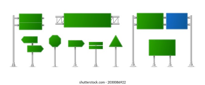 Realistic Green Street And Road Signs. City Illustration Vector. Street Traffic Sign Mockup Isolated, Signboard Or Signpost Direction Mock Up Image