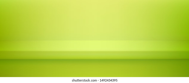 Realistic green studio wall, minimal 3d shelf. Colorful floor, horizontal realistic empty green shelf in vector background.