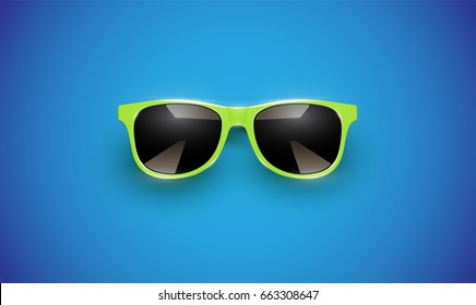 Realistic green sunglasses on blue background, vector illustration