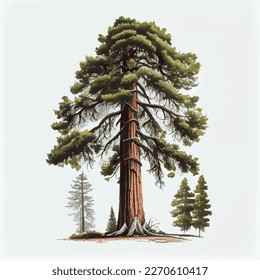 Realistic green tallest tree in the world sequoia on a white background - Vector illustration