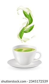 Realistic green tea in a glass cup with fresh green leaves. Organic and healthy beverage illustration on white background. Liquid flow with leaf of tea. Herbal drink concept. Heap of dry leaves