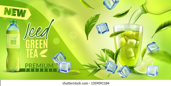 Realistic green tea horizontal poster with ornate brand name ice cubes leaves and plastic bottle packshot vector illustration