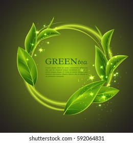 Realistic green tea leaves with glowing waves. Abstract eco background for cosmetic design. Vector illustration.