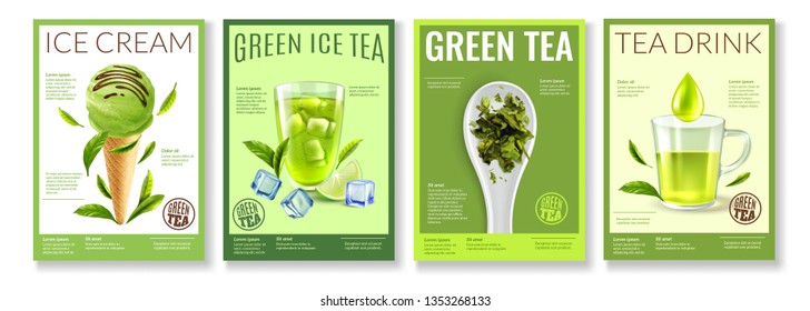 Realistic green tea posters collection with four vertical backgrounds editable text and images of tea products vector illustration