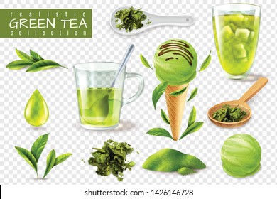 Realistic green tea set with isolated images of cups spoons and natural leaves on transparent background vector illustration