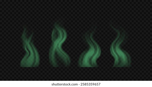 Realistic green toxic wavy smoke clouds. Set of vector illustration. Bad smelling steam, haze isolated on black transparent background