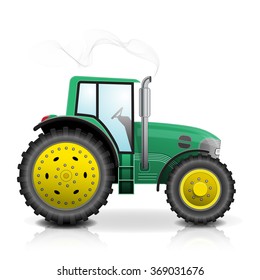 Realistic green tractor icon, logo, shape with big wheels isolated with smoke on white background. 