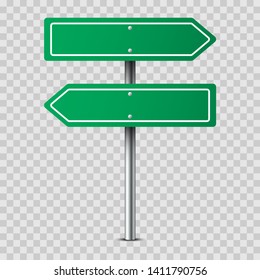 Realistic green traffic sign on metal pole isolated on transparent background. Two blank traffic road empty sign. Mock up template for your design.