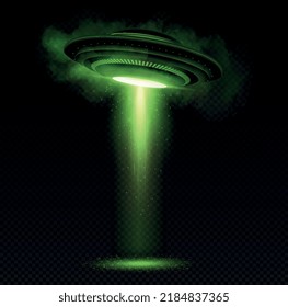 Realistic green UFO. Flying saucer emits ray of convolution from sky to ground, graphic elements for games. Fantasy and imagination, innovation. Futuristic picture. Isometric vector illustration