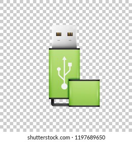 Realistic Green USB flash drive isolated object on transparent background. Vector Illustration