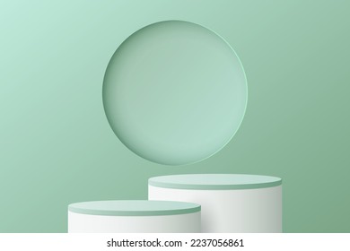 Realistic green and white, 3D cylinder stand podium. Vector luxury geometric forms. Abstract minimal scene for Product presentation, mock up, show cosmetic. 