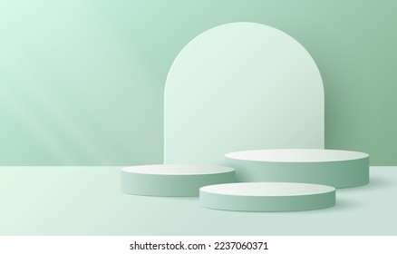 Realistic green and white, 3D cylinder stand podium. Vector luxury geometric forms. Abstract minimal scene for Product presentation, mock up, show cosmetic. 