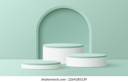 Realistic green and white, 3D cylinder stand podium. Vector luxury geometric forms. Abstract minimal scene for Product presentation, mock up, show cosmetic. 