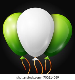 Realistic green, white balloons with ribbons isolated on black background. Vector illustration of shiny colorful glossy balloons
