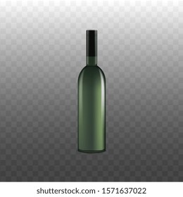 Realistic green wine bottle mockup isolated on transparent background. Retail alcohol drink packaging template without label with shiny glass surface - vector illustration