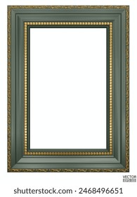 Realistic green wooden vintage frame isolated on white background.  Rectangle frames mockup. Classic Photo wooden frame. Green border for painting, poster, and photo gallery. 3d vector illustration.