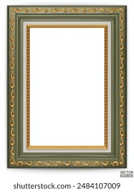 Realistic green wooden vintage frame isolated on white background.  Rectangle frames mockup. Classic Photo wooden frame. Green border for painting, poster, and photo gallery. 3d vector illustration.