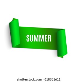 Realistic, green, wriggling ribbon in the summer style. Banner for text. Bright summer illustration. For web design. White background. Holiday on a summer day