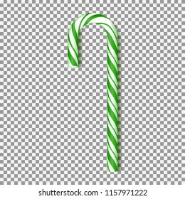 Realistic green Xmas candy cane isolated on transparent backdrop. Vector illustration. Template for greeting card on Christmas and New Year. Top view on icon.