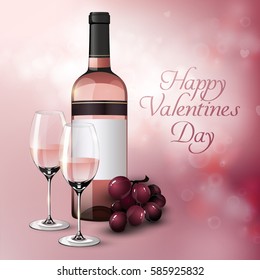 Realistic greeting festive poster with grapes bunch bottle and glasses full of rose wine vector illustration
