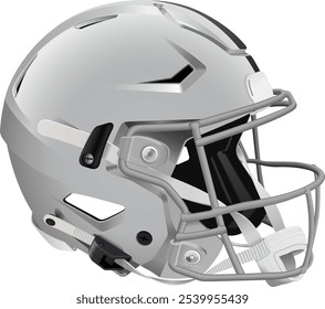 Realistic grey 3D American football helmet with black stripe. Grey mask with chin strap