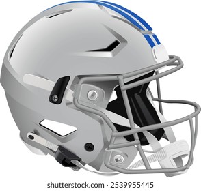 Realistic grey 3D American football helmet with blue stripes. Grey mask with chin strap