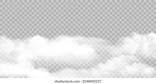 Borde gris realista de la niebla, efecto especial transparente del esmog. Nube de vapor blanca, niebla sobre fondo transparente. Ilustración vectorial