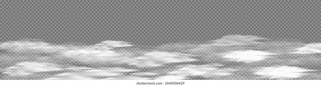 Realistic Grey border of fog, smog transparent special effect. White steam cloud, mist on background with copy space. Cloudy haze banner. Foggy wind weather